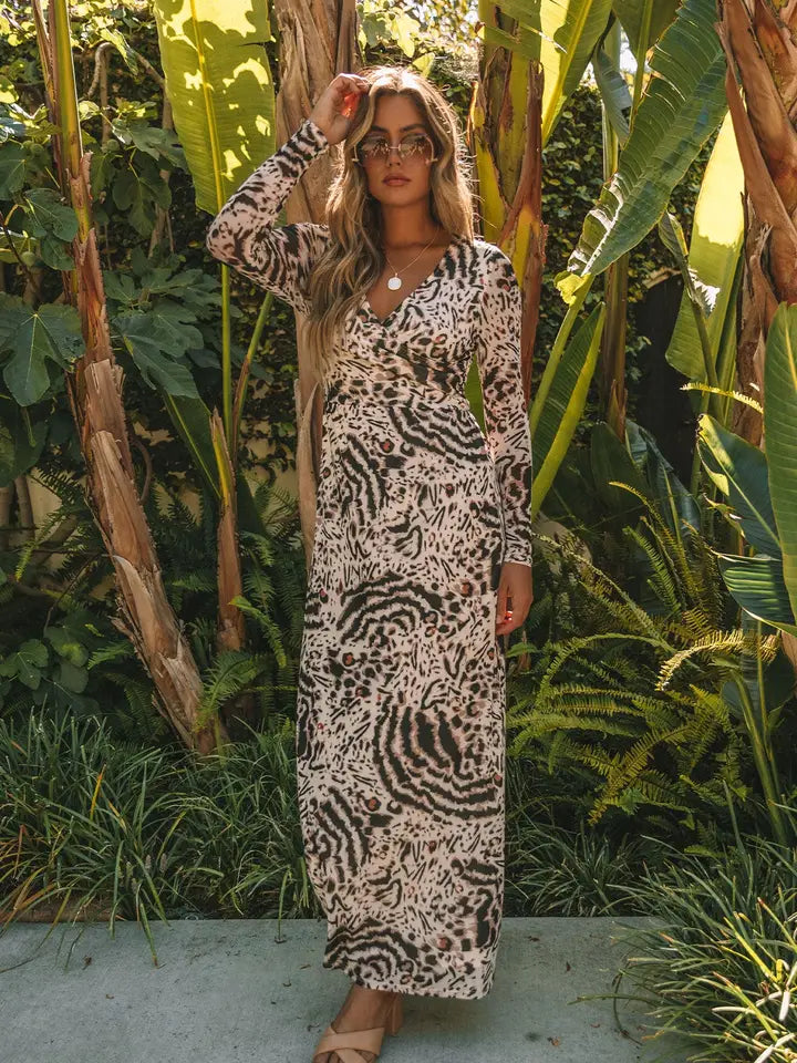 Animal Print Long Sleeve Surplice Maxi Dress