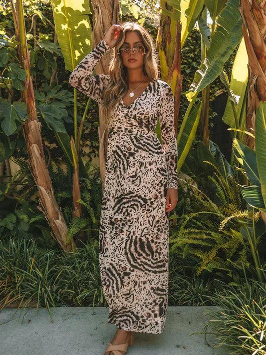Animal Print Long Sleeve Surplice Maxi Dress