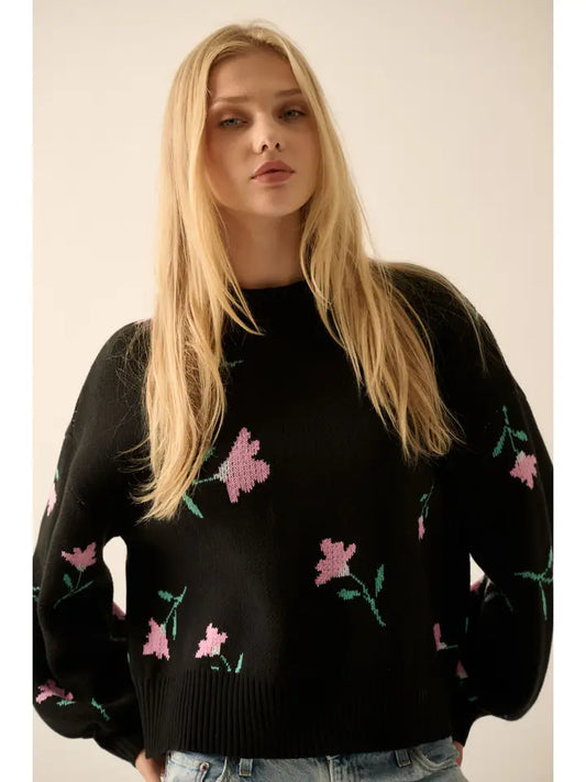 Floral-Pattern Knit Bishop-Sleeve Sweater