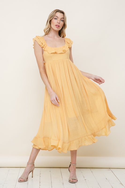 Mustard Solid Midi Dress With Ruffle