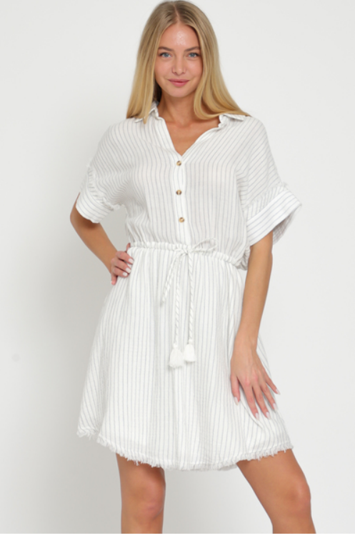 Short sleeve button down tie front waisted mini dress