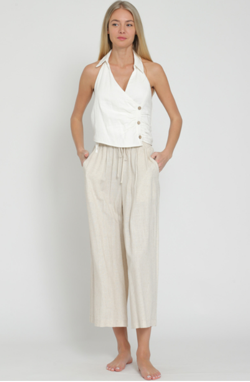 Elastic-waisted ankle linen pants