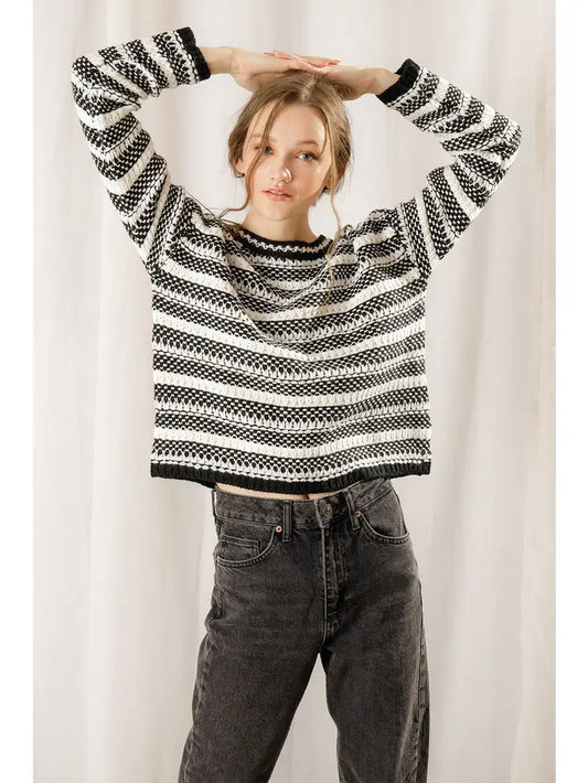 Striped Black and White Patterned Knit Sweater