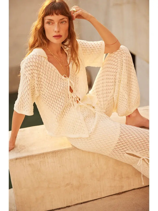 Pointelle Crochet-Knit Tie-Front Short-Sleeve Top