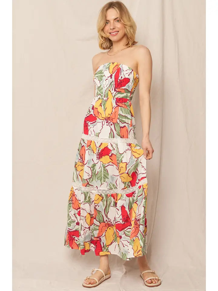 Tropical Print Tube Maxi Dress