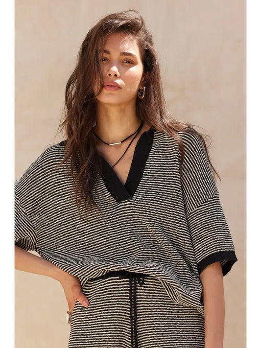 Striped Rib-Knit Collared Split-Neck Top